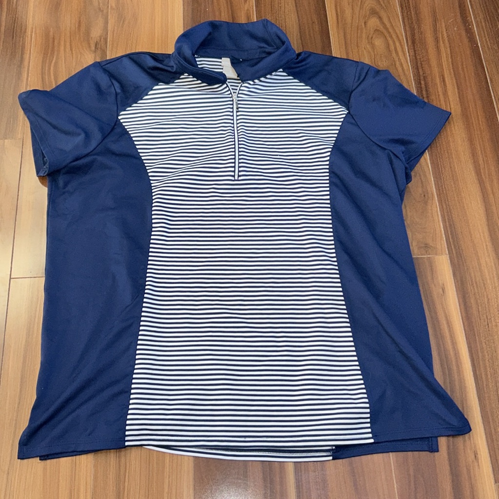 Chico's Navy & White Striped Short-Sleeve Zip Mock Top